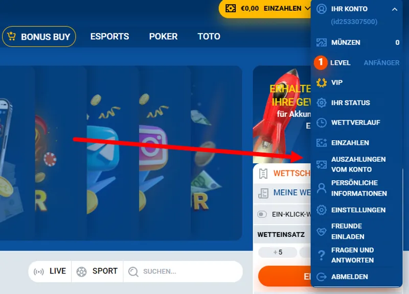 Geldauszahlung über das Website-Menü