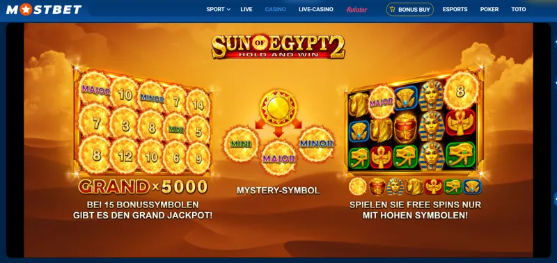 Das Spiel Sun of Egypt 2 im MostBet Casino hat Freispiele