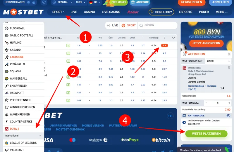 Wetten auf Dota 2 beim Buchmacher MostBet