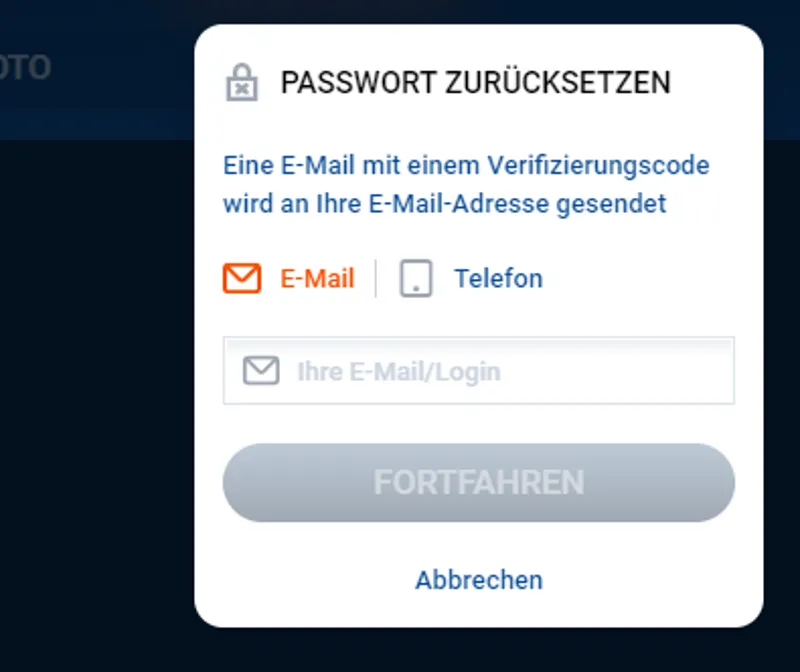 Formular zur Passwortwiederherstellung auf der MostBet-Website