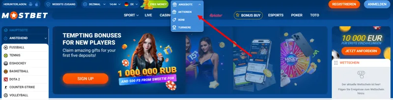 Aktionscodes und Aktionen des Buchmachers MostBet