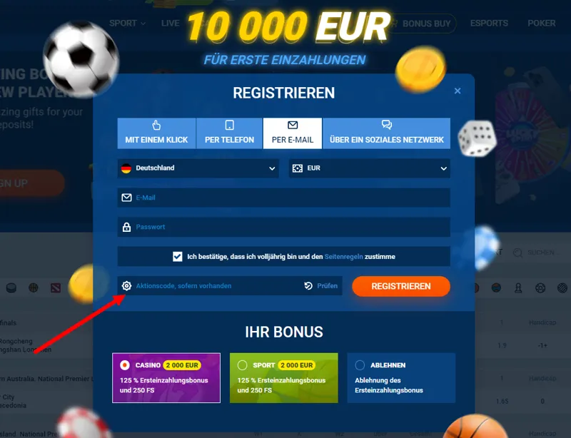 Gib den Promocode bei der Registrierung beim Buchmacher MostBet ein