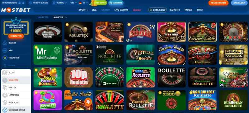 Roulette-Vielfalt auf der MostBet-Website