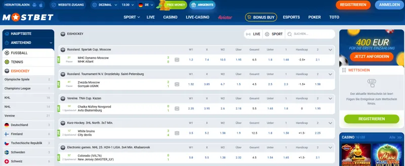 Hockey-Wettangebot beim Buchmacher MostBet